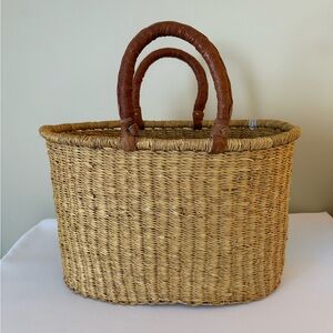 Natural Woven Tote Bag with Brown Handles